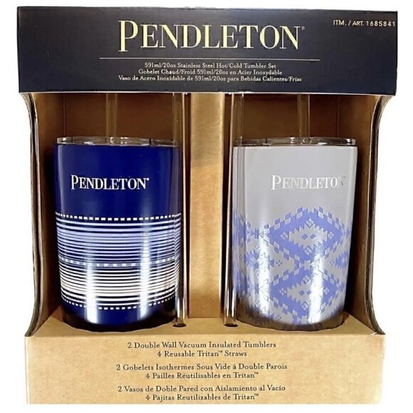 NEW PENDELTON 20 oz Insulated Tumblers Set of 2 Straws Blue Gray - Picture 1 of 6
